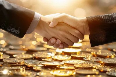 Business Handshake Over A Pile Of Gold Coins
