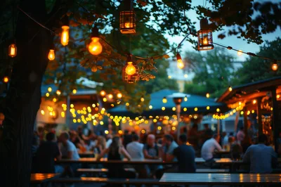 Outdoor Beer Garden With String Lights At Twilight