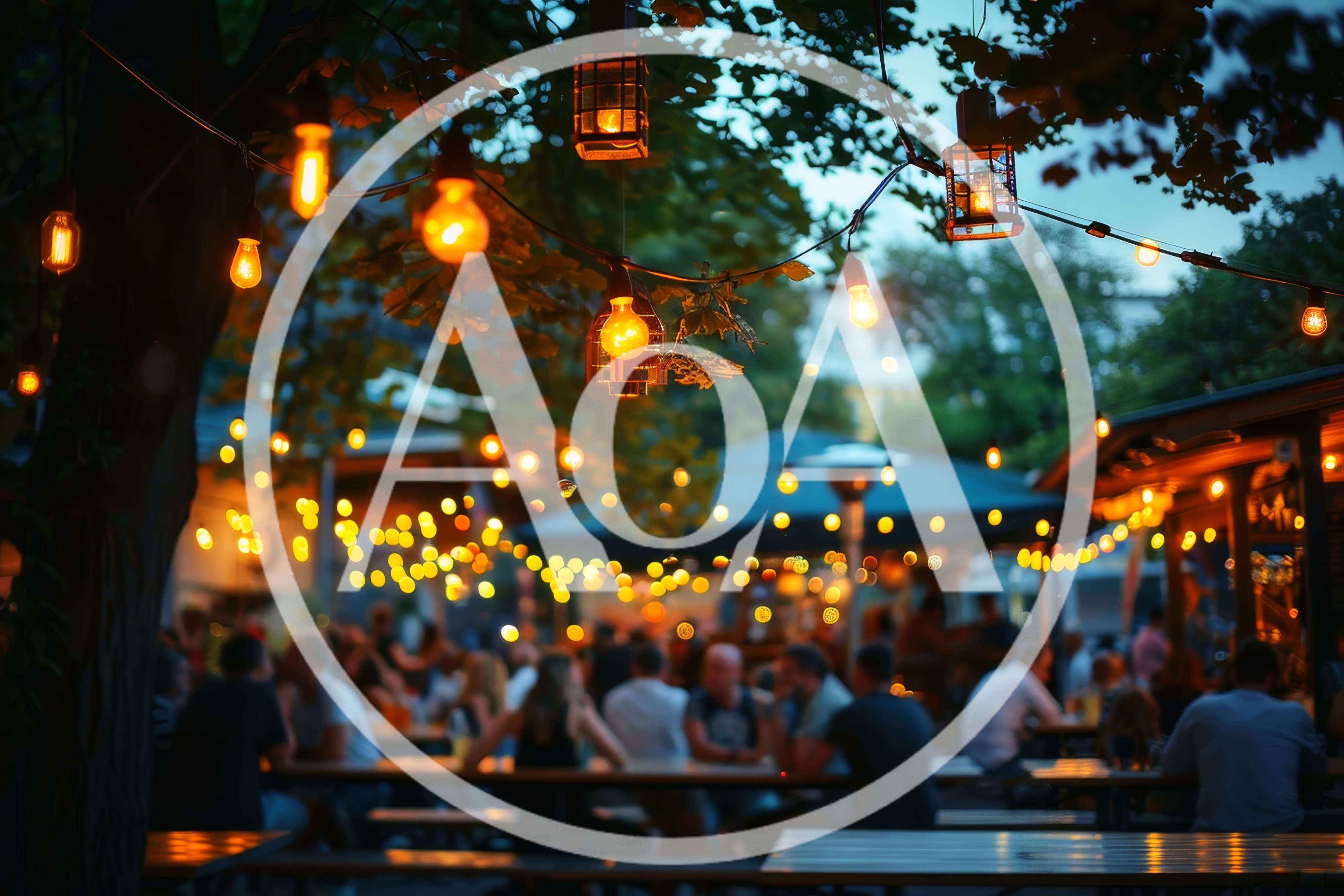 Outdoor Beer Garden With String Lights At Twilight
