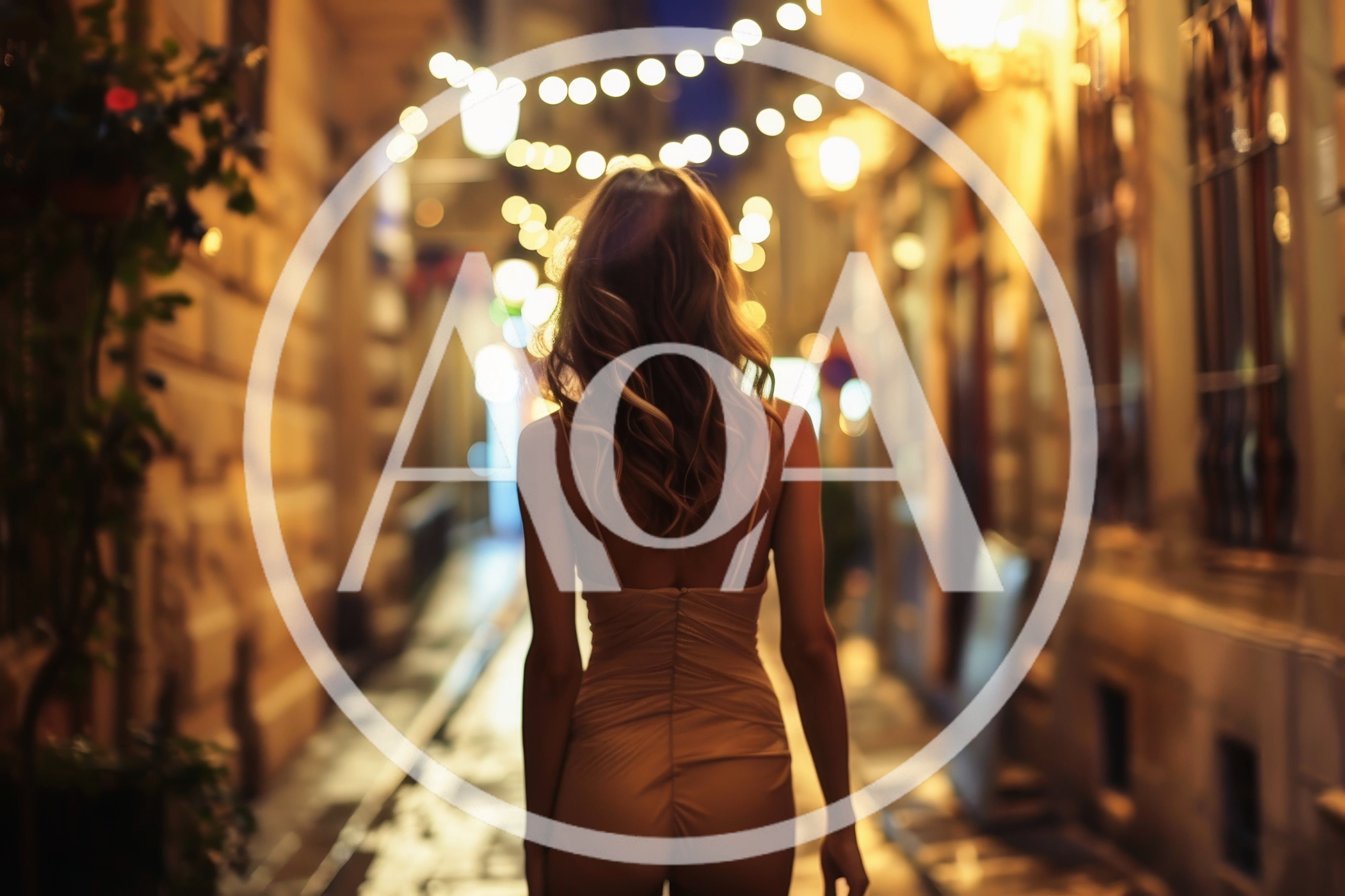 Woman Walking Through A Romantic Illuminated European Alleyway