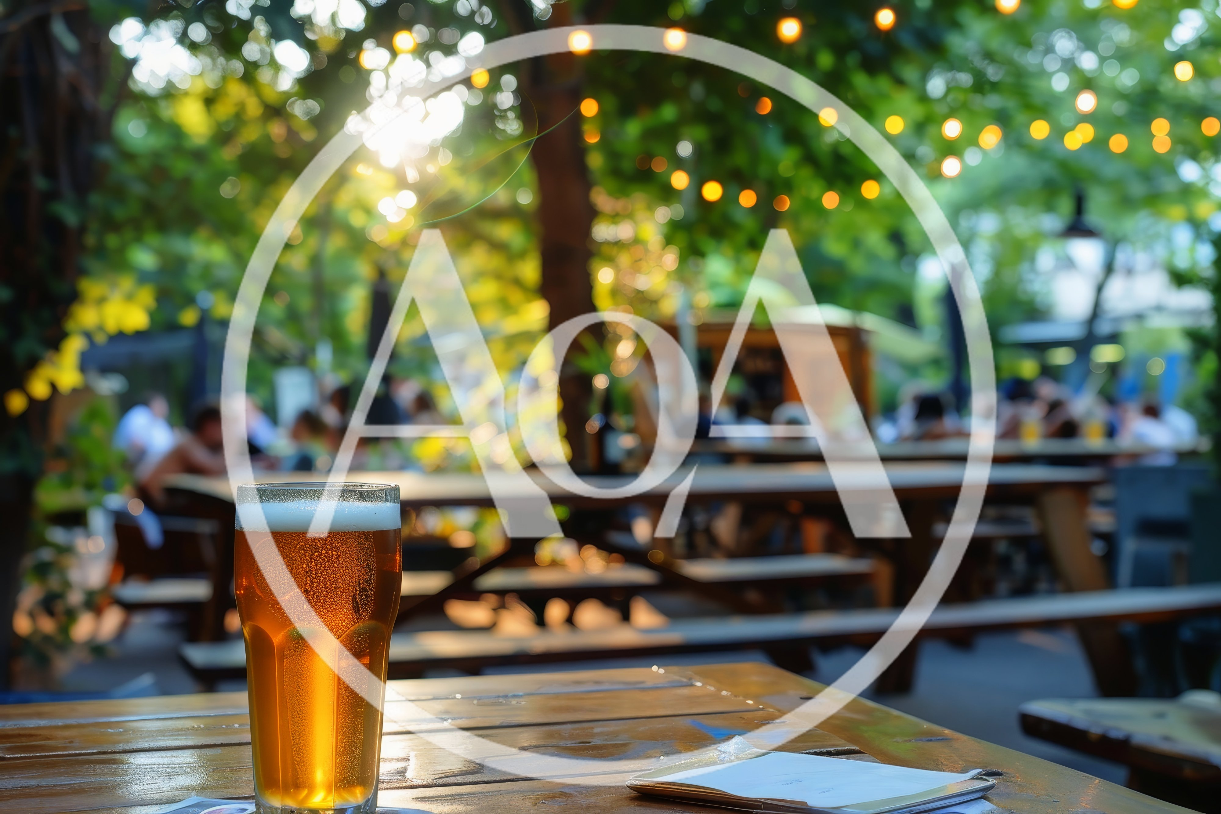 Glass Of Beer On A Wooden Table In A Beer Garden