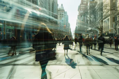 Motion Blur Pedestrians Crossing A Busy New York Street