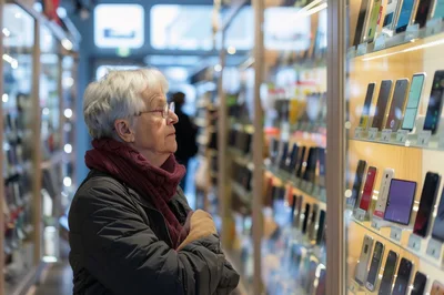 Senior Woman Browsing Smartphones In Electronics Store