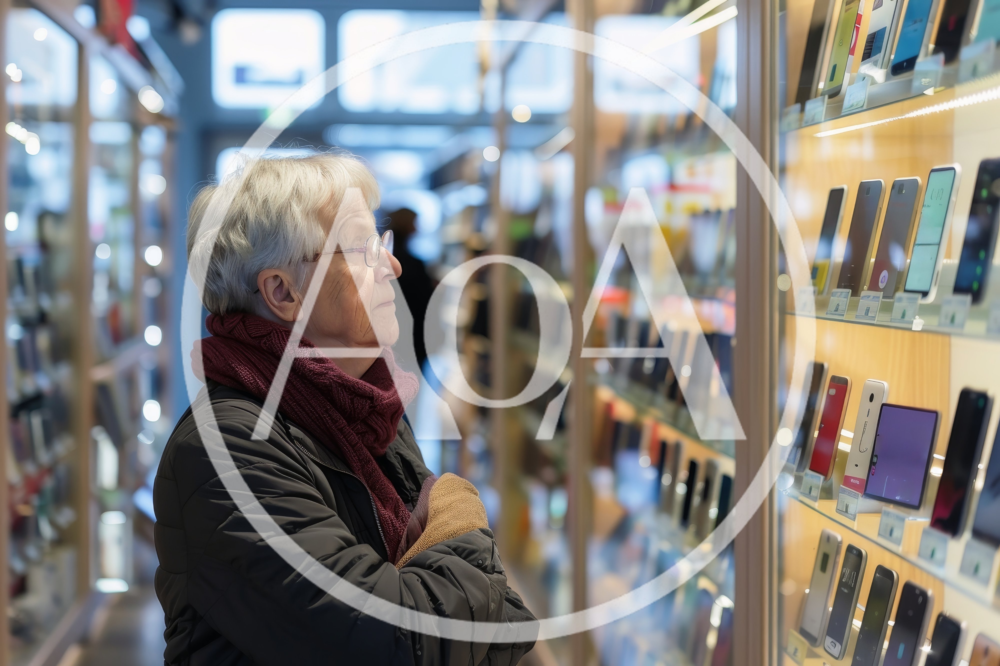 Senior Woman Browsing Smartphones In Electronics Store