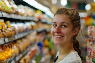 Young Woman Smiling While Shopping In A Grocery Store