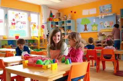 Preschool Teacher Interacting With A Young Girl In Classroom