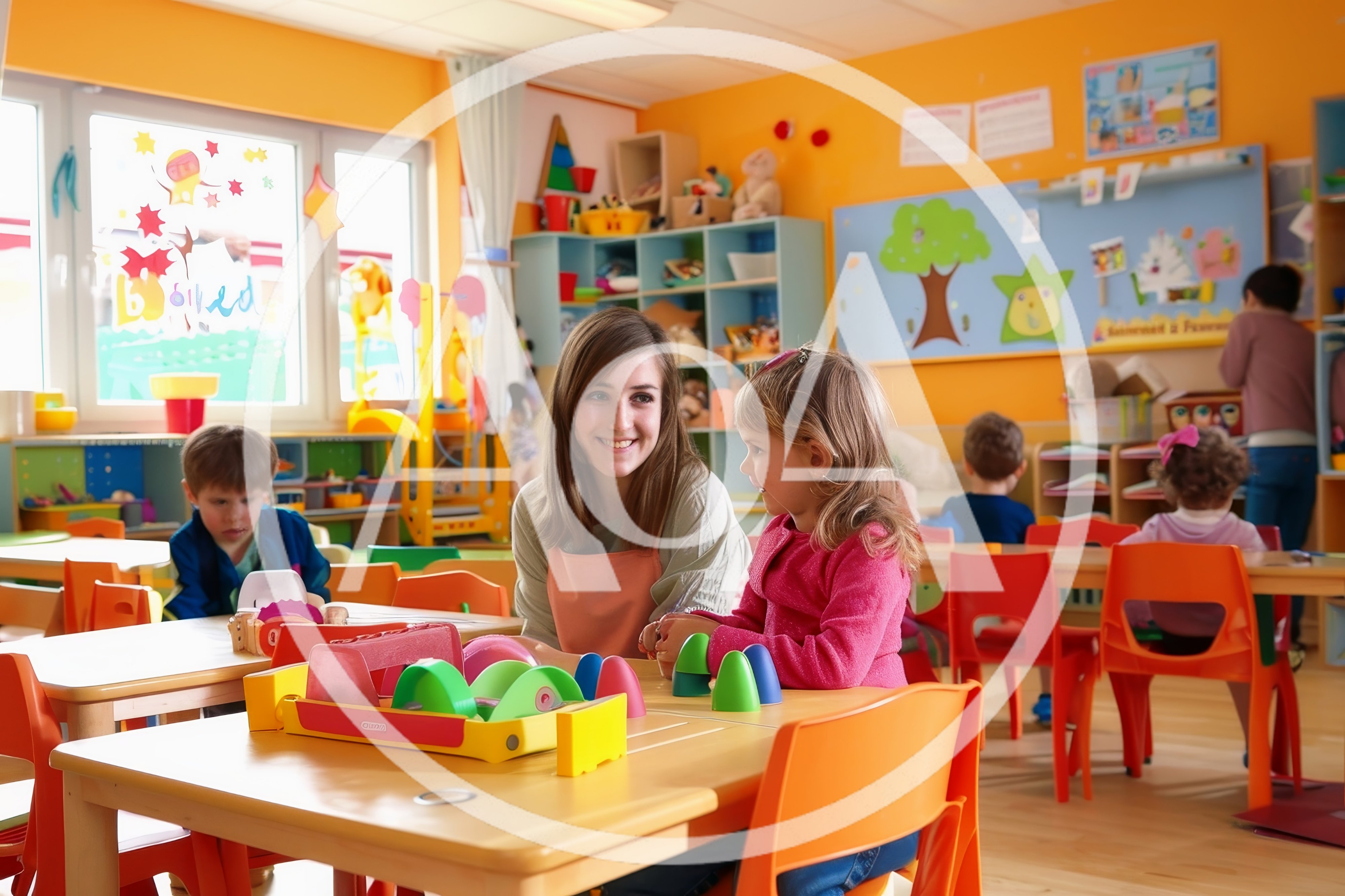 Preschool Teacher Interacting With A Young Girl In Classroom