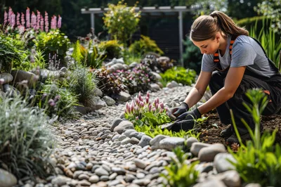 Young Woman Gardening In A Sunny Rock Garden