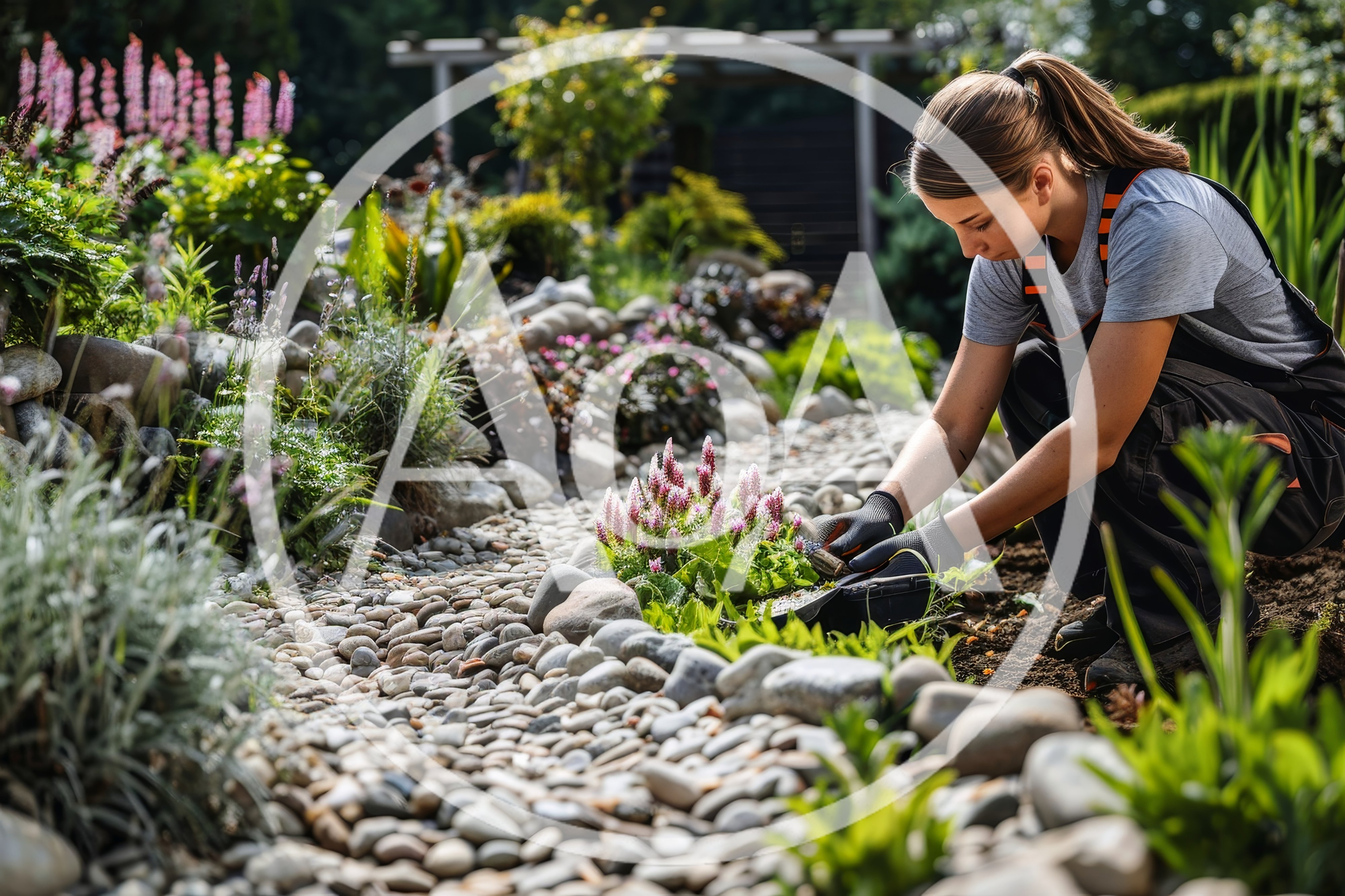 Young Woman Gardening In A Sunny Rock Garden