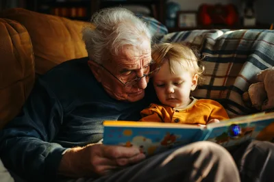 Grandfather Reading A Storybook To His Young Grandchild