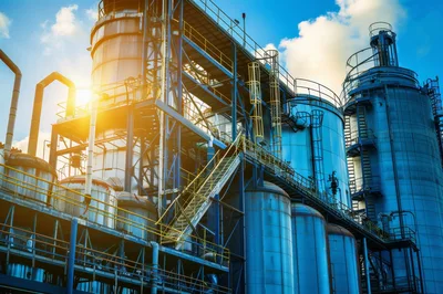 Industrial Chemical Processing Plant With Metal Storage Silos