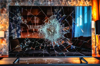 Broken Television Screen With Spiderweb Cracks