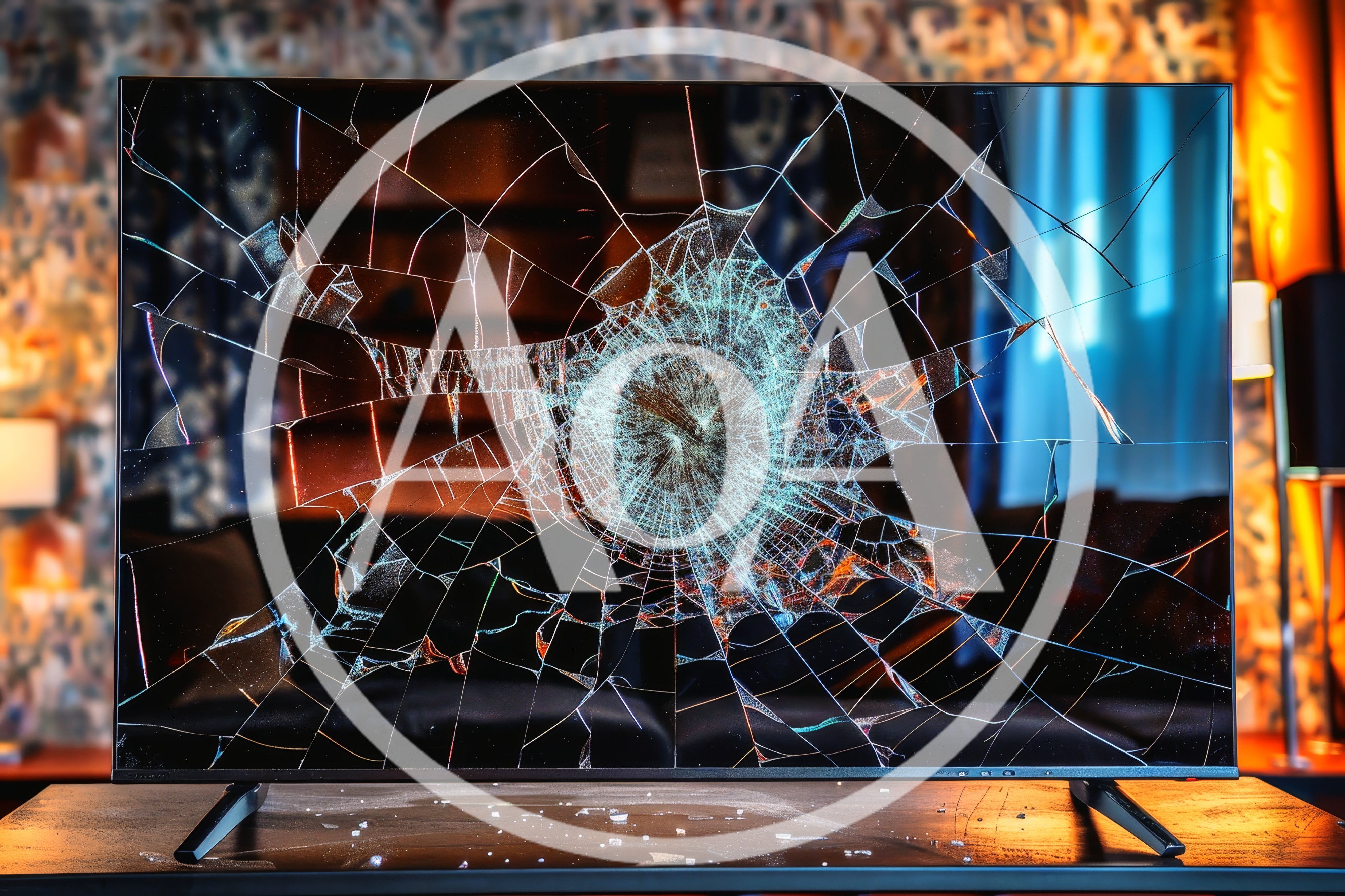 Broken Television Screen With Spiderweb Cracks