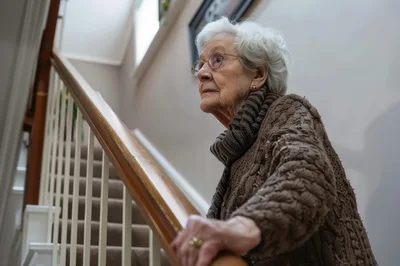 Elderly Woman Holding Staircase Handrail