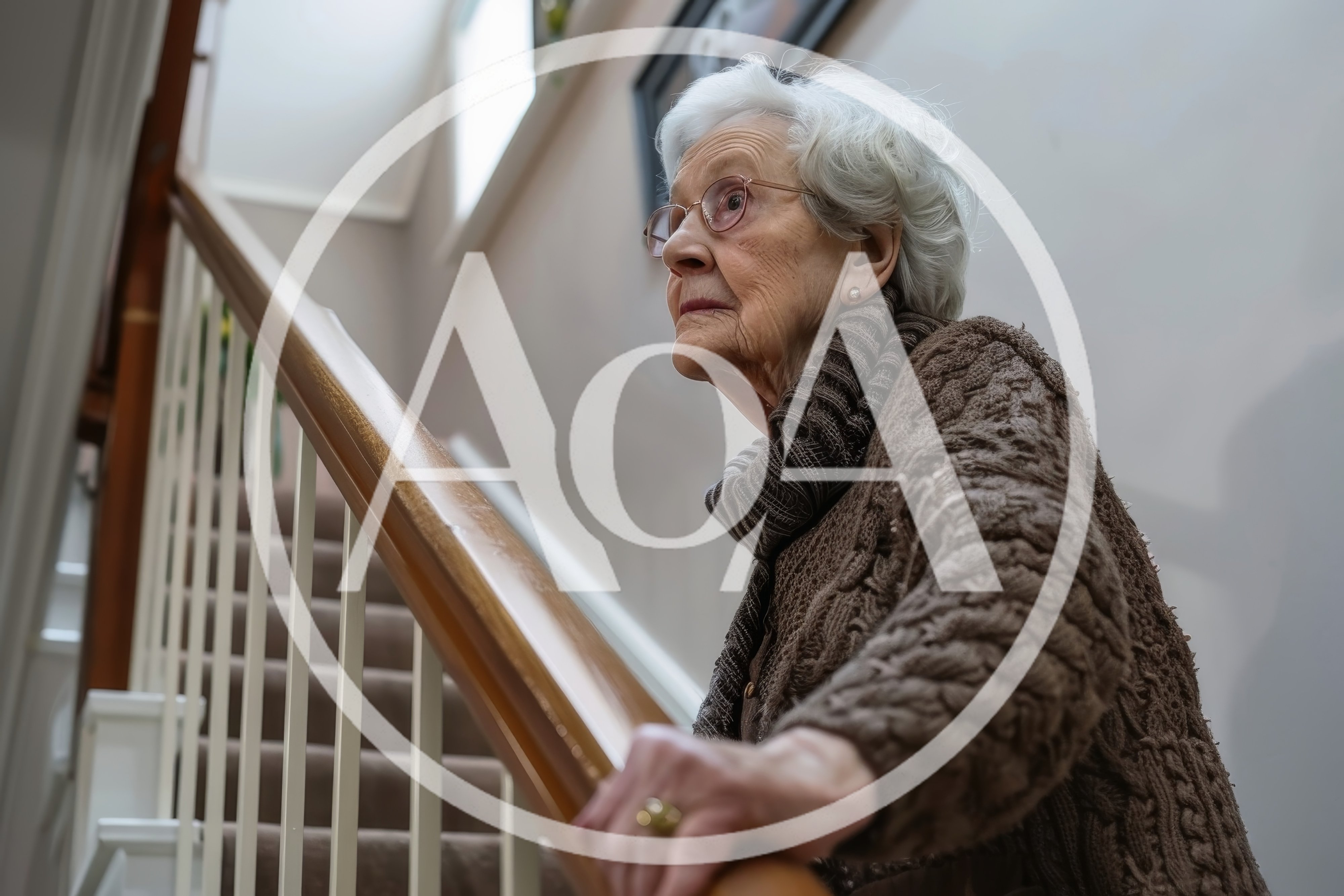 Elderly Woman Holding Staircase Handrail
