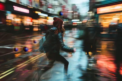 Young Woman Running Through Busy City Street