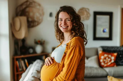 Smiling Pregnant Woman In A Cozy Living Room