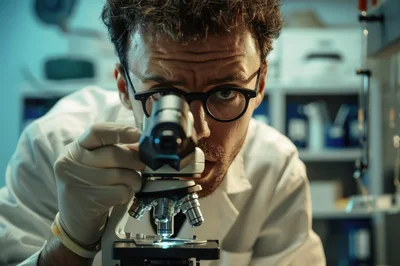 Scientist Examining Biological Sample Through Laboratory Microscope