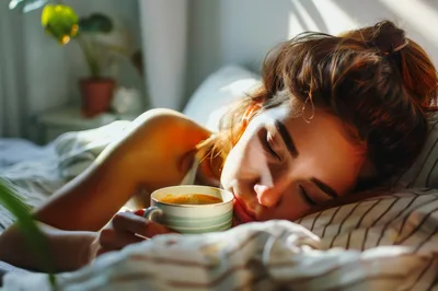 Young Woman Sleeping In Bed With Coffee Cup