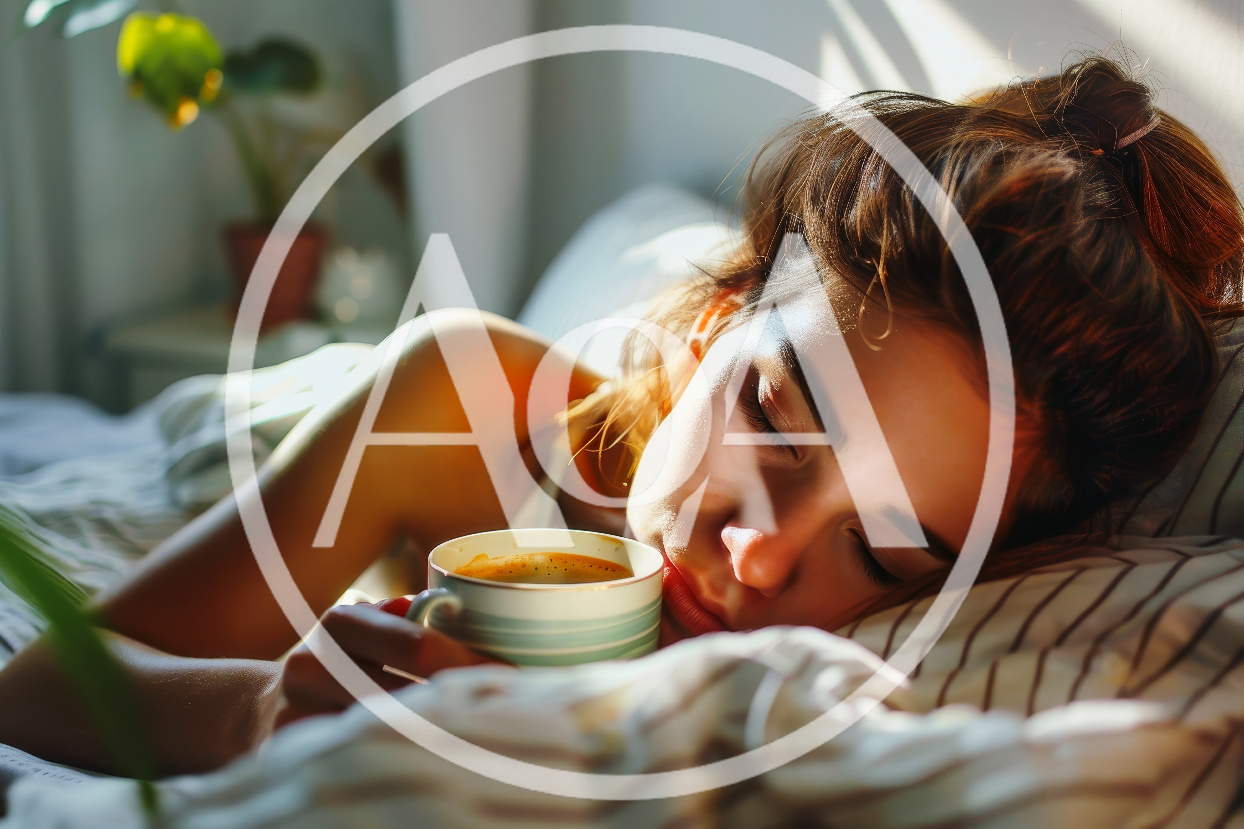 Young Woman Sleeping In Bed With Coffee Cup