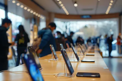 Customers Browsing Smartphones In A Modern Electronics Store