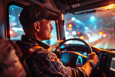 Truck Driver Operating Vehicle at Night in City