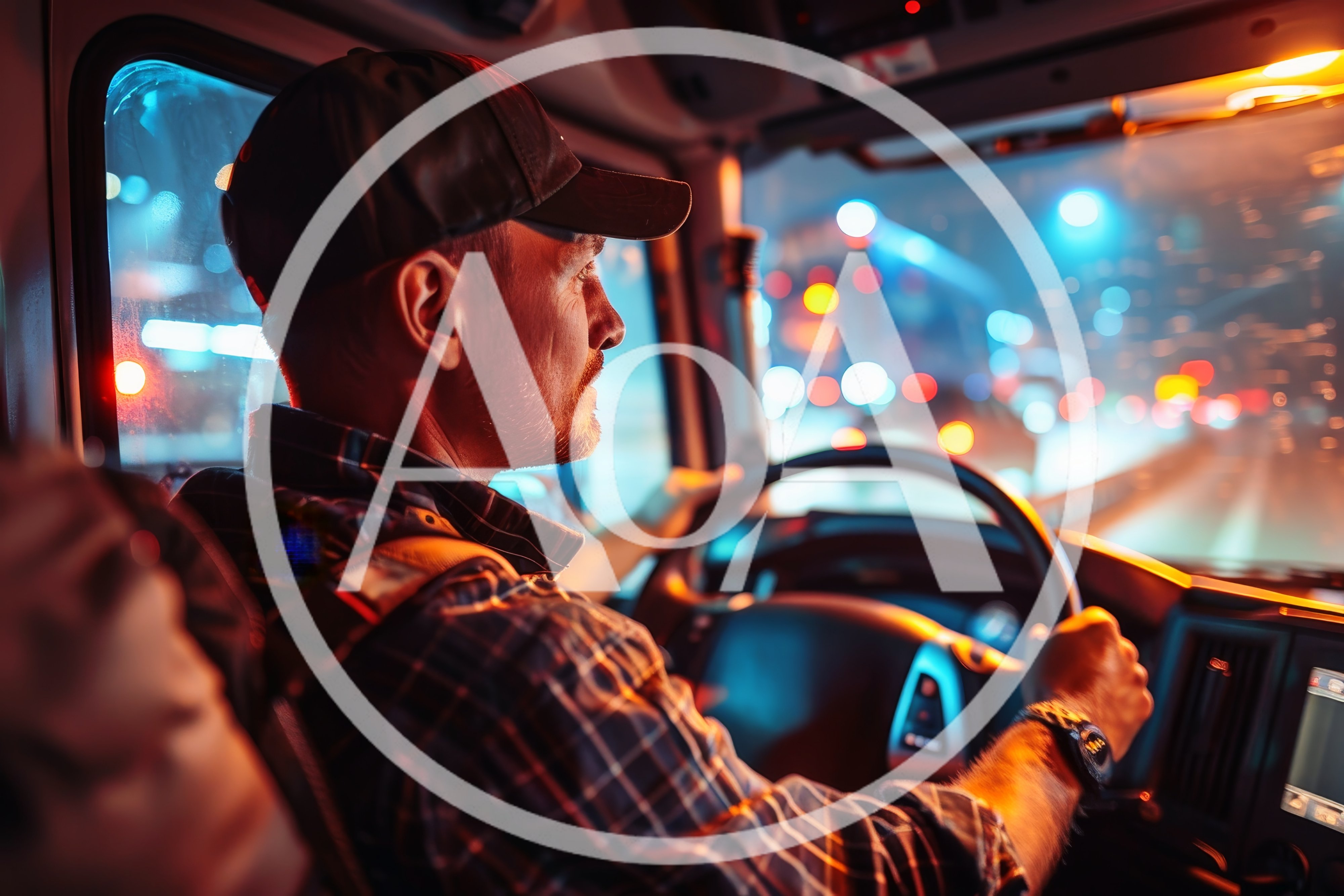 Truck Driver Operating Vehicle at Night in City