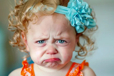 Toddler Girl With Curly Hair Making A Sad Face
