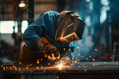 Industrial Welder Working On Metal In A Workshop