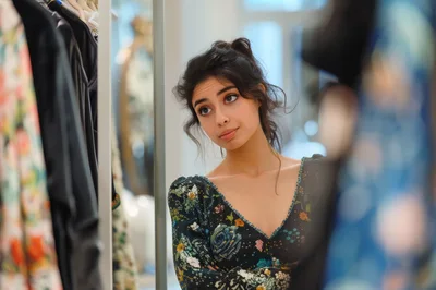 Young Woman Looking At Herself In A Mirror