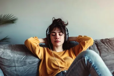 Young Woman Relaxing On Sofa Listening To Music