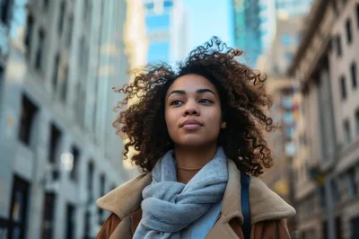 Young Woman With Curly Hair Walking In City