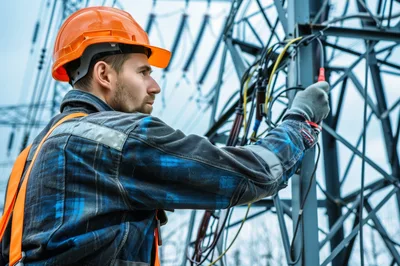 Electrical Engineer Working on High Voltage Power Tower