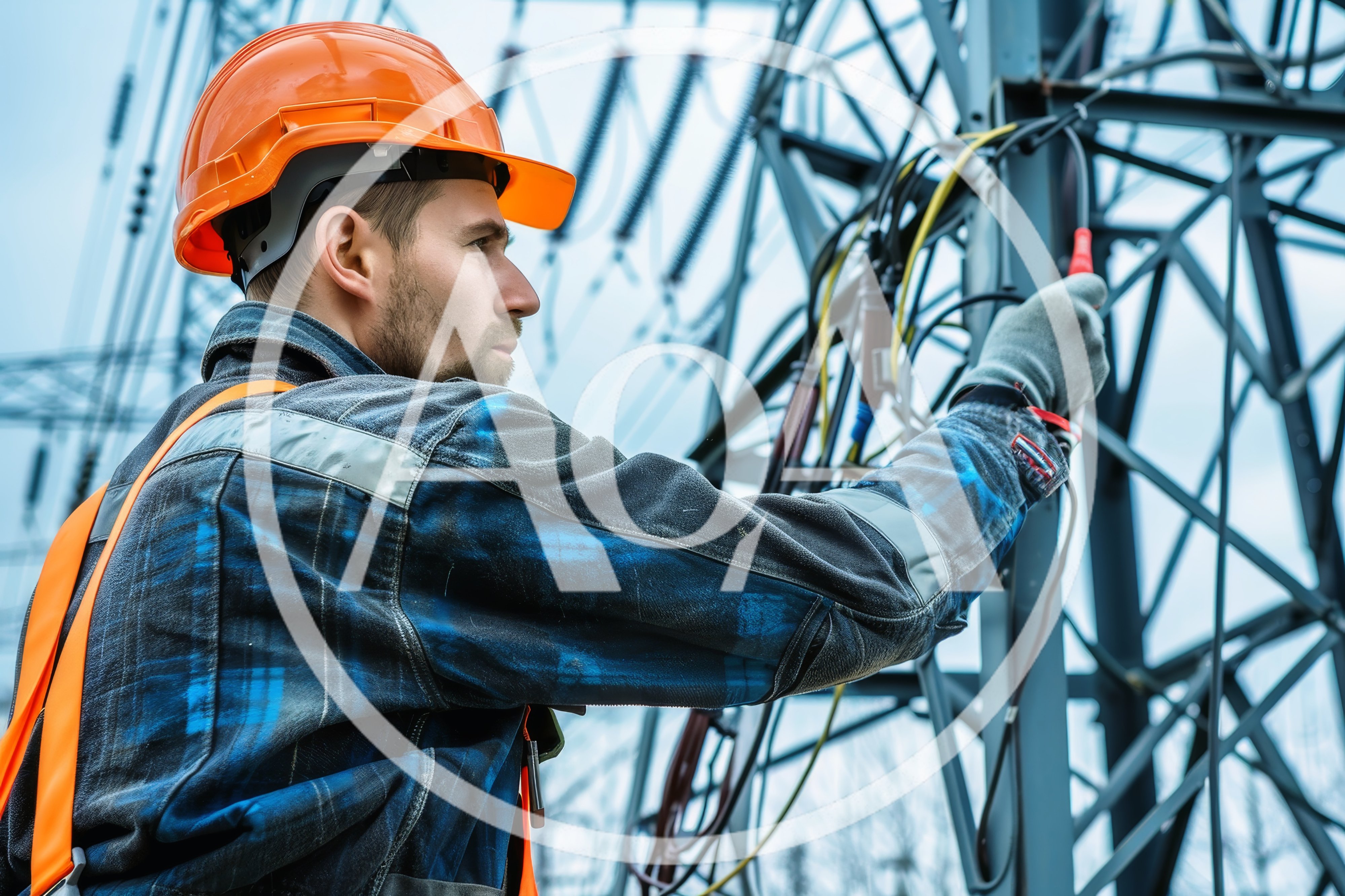 Electrical Engineer Working on High Voltage Power Tower