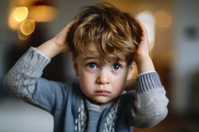 Toddler Boy With Messy Hair Holding His Head