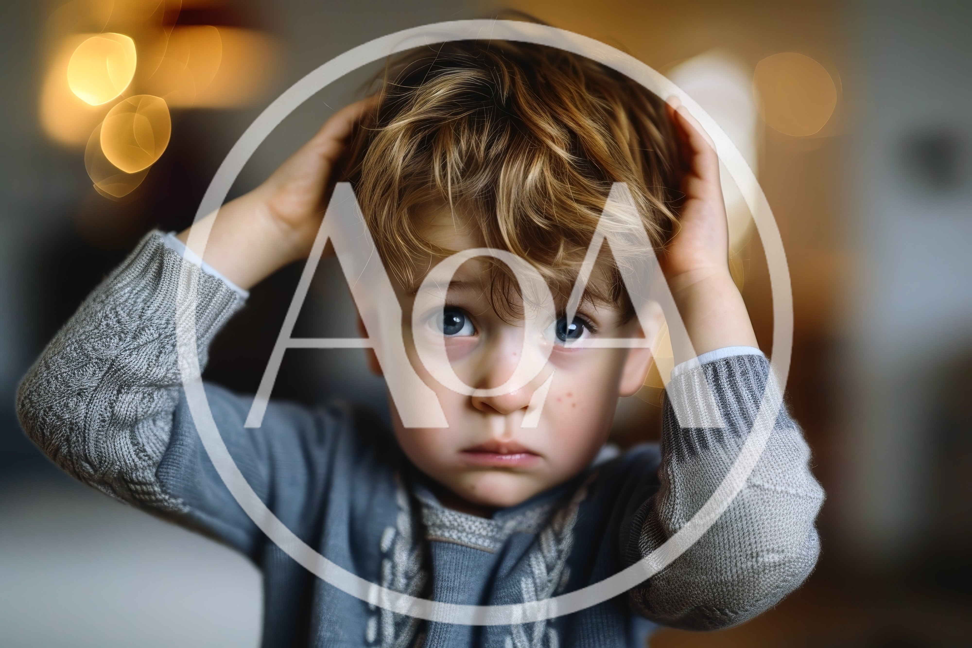 Toddler Boy With Messy Hair Holding His Head