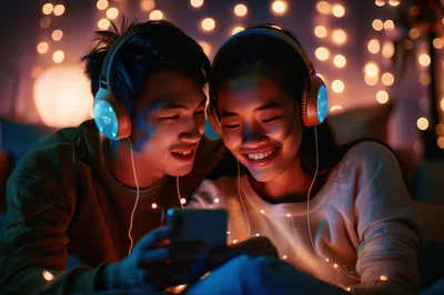 Young Couple Listening To Music Together At Night
