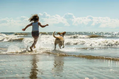 A child runs playfully along the beach with their dog both chasi