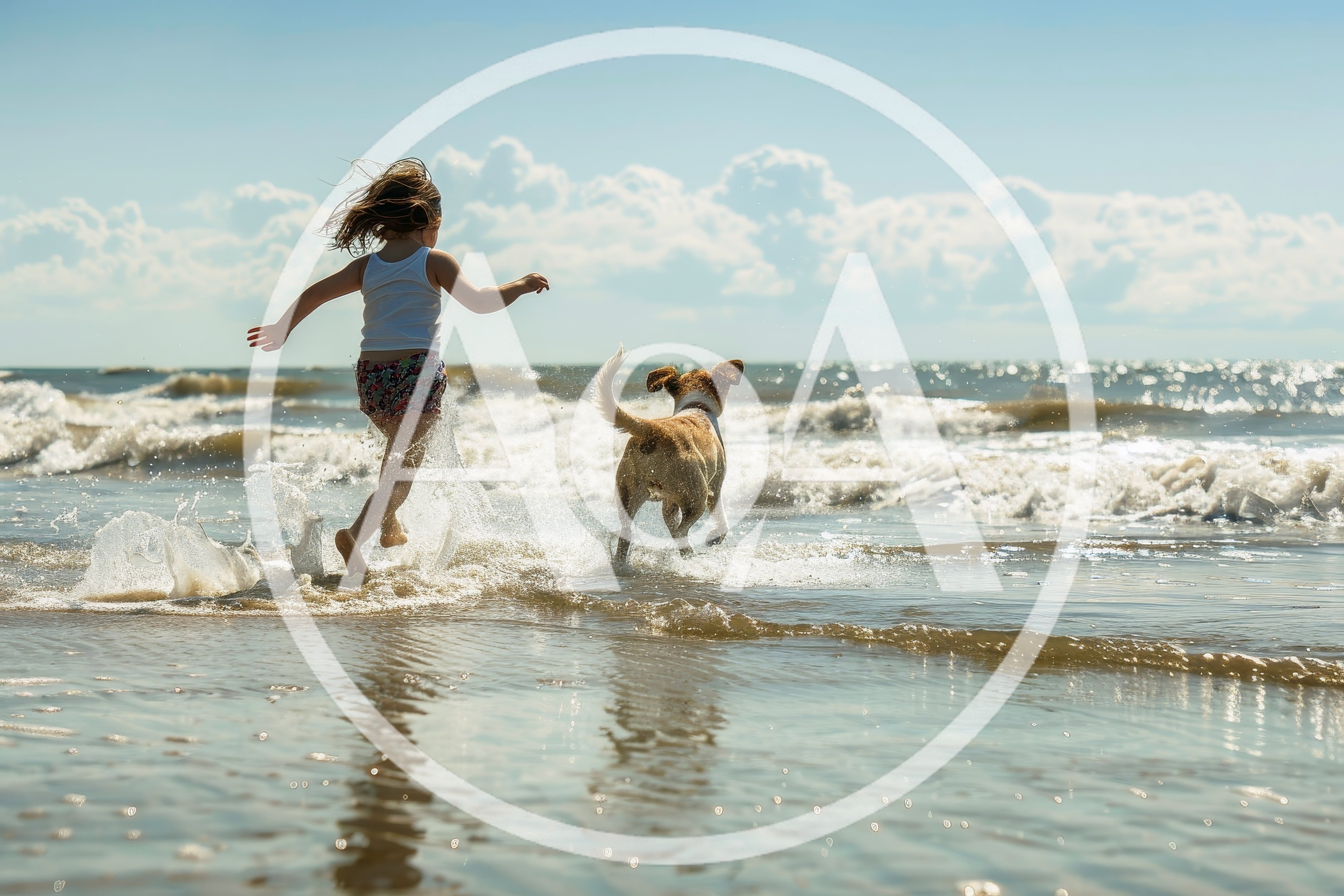 A child runs playfully along the beach with their dog both chasi
