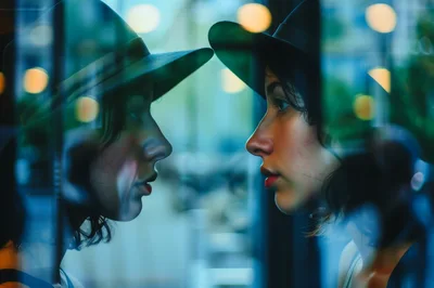 Young Woman Looking At Her Reflection In A Window