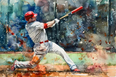 Watercolor Painting Of A Baseball Player Swinging A Bat