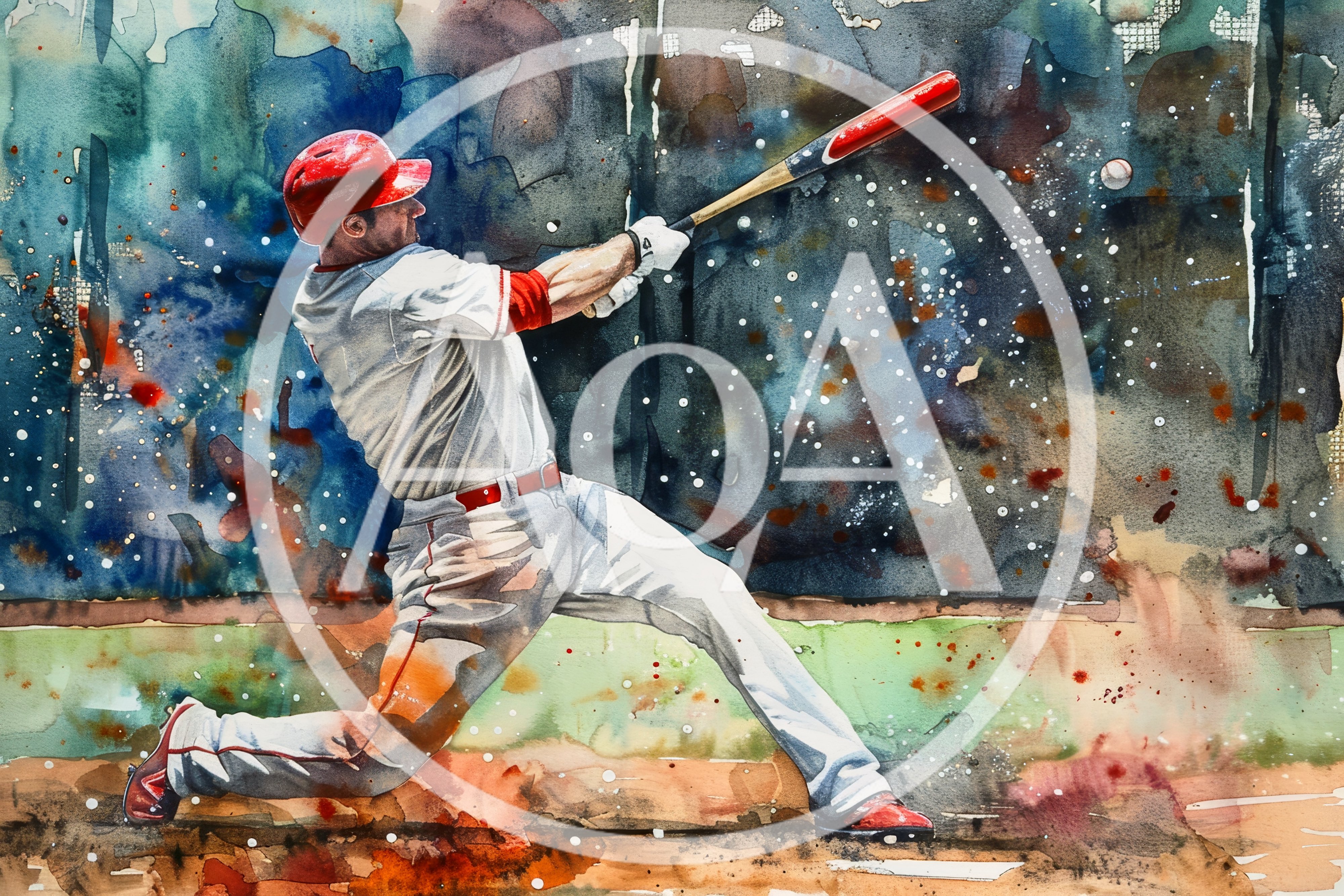 Watercolor Painting Of A Baseball Player Swinging A Bat