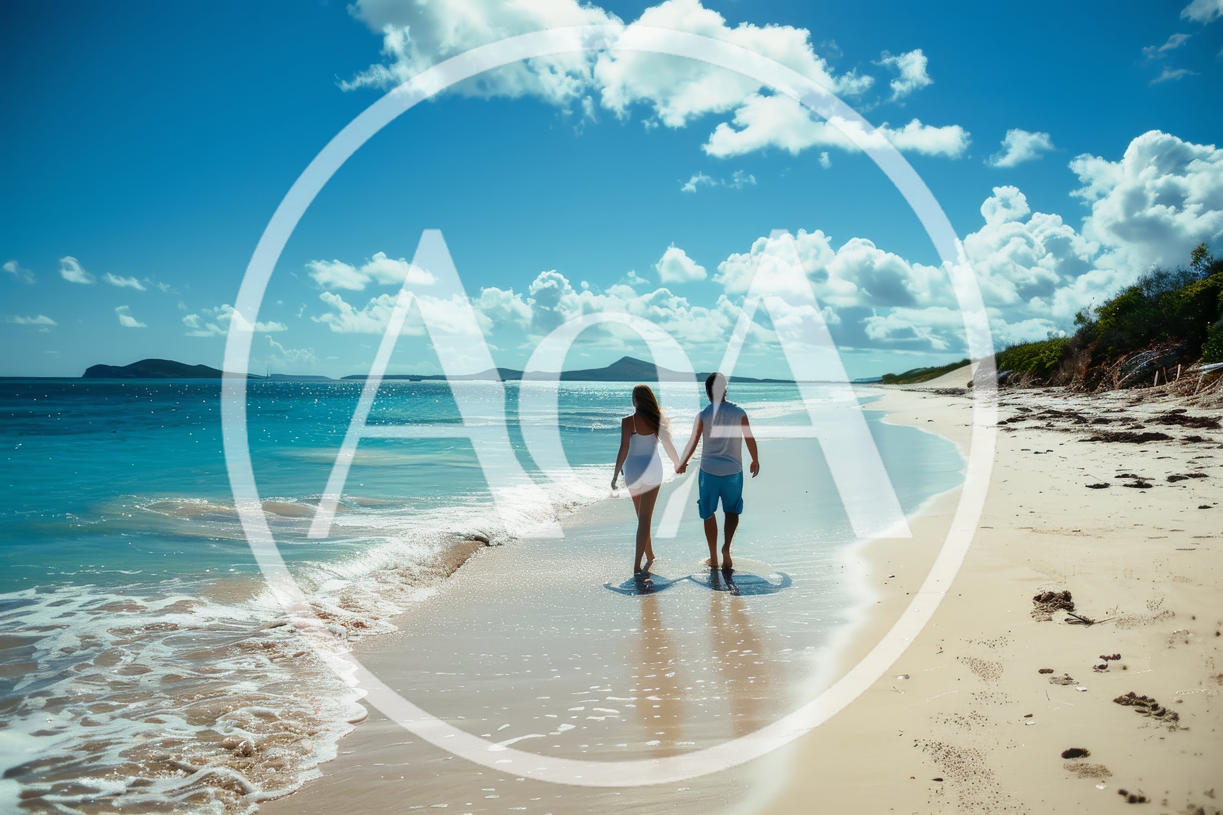 Couple Walking Hand In Hand Along A Tropical Beach