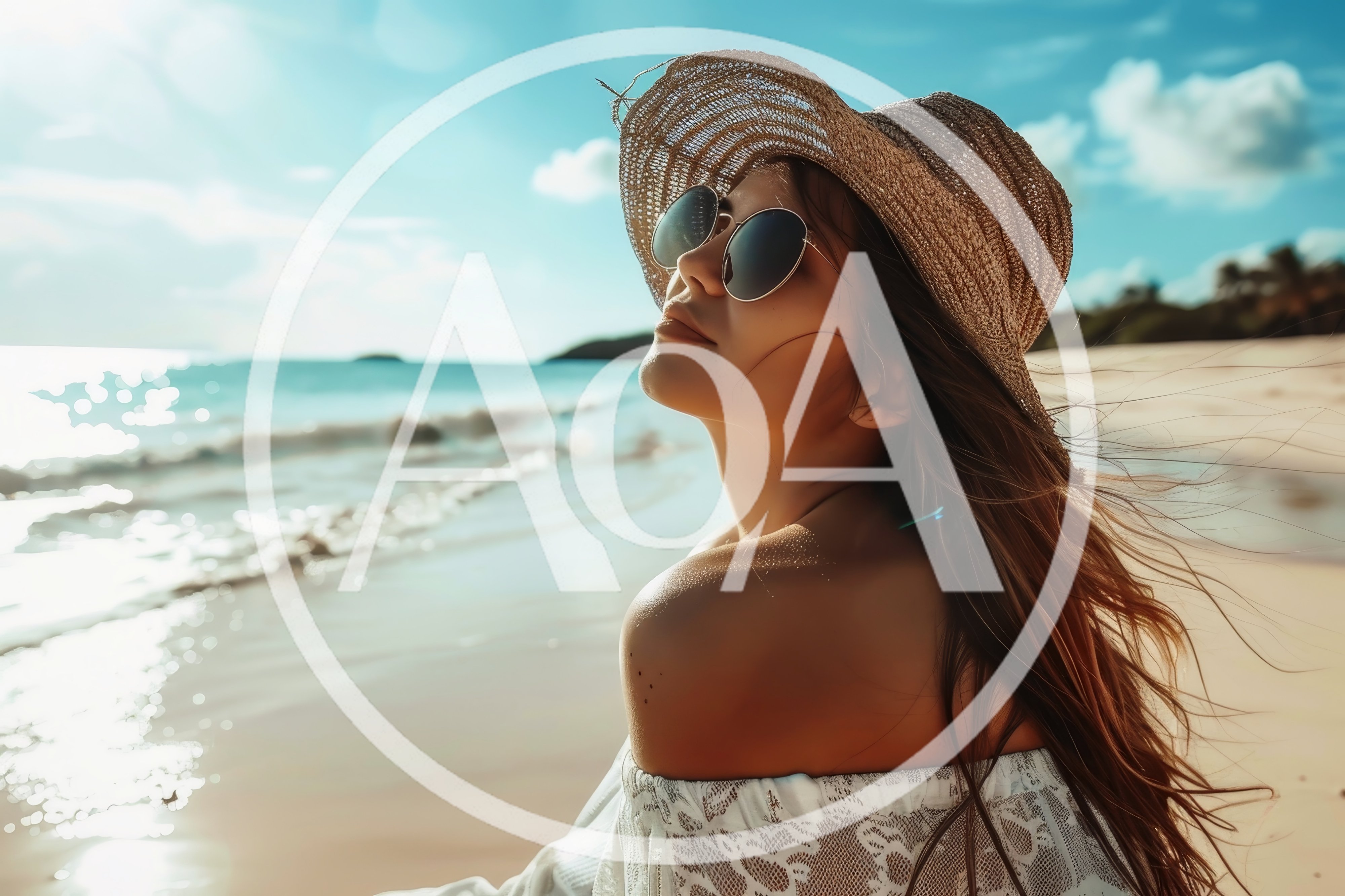 Young Woman Wearing Straw Hat And Sunglasses On Beach