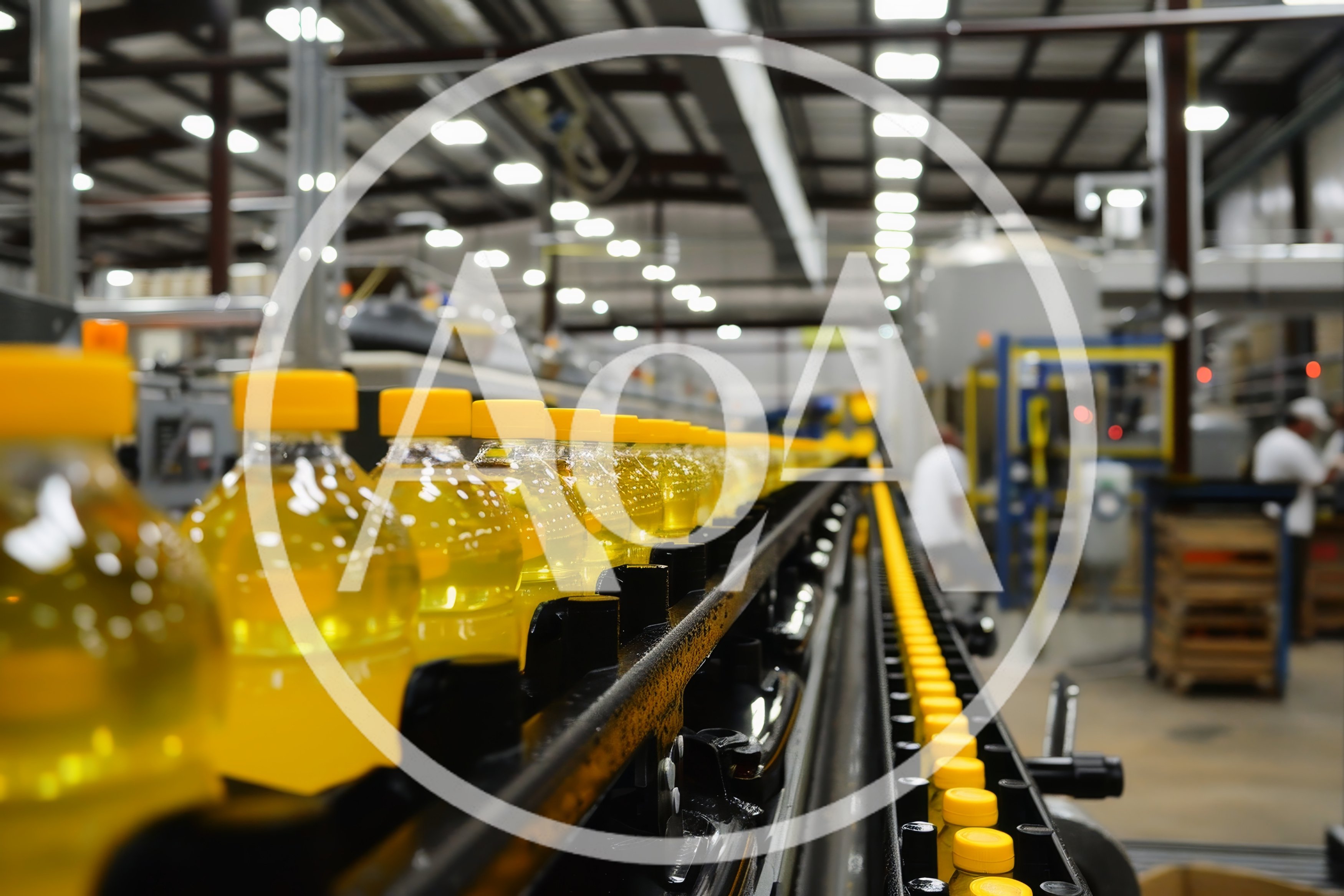 Bottles Of Cooking Oil Moving On Industrial Conveyor Belt