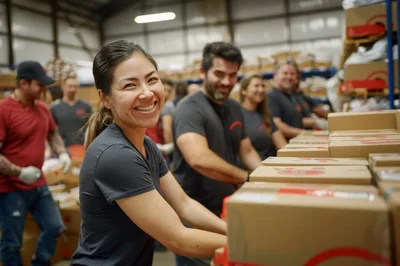 Diverse Volunteers Packing Boxes In A Warehouse