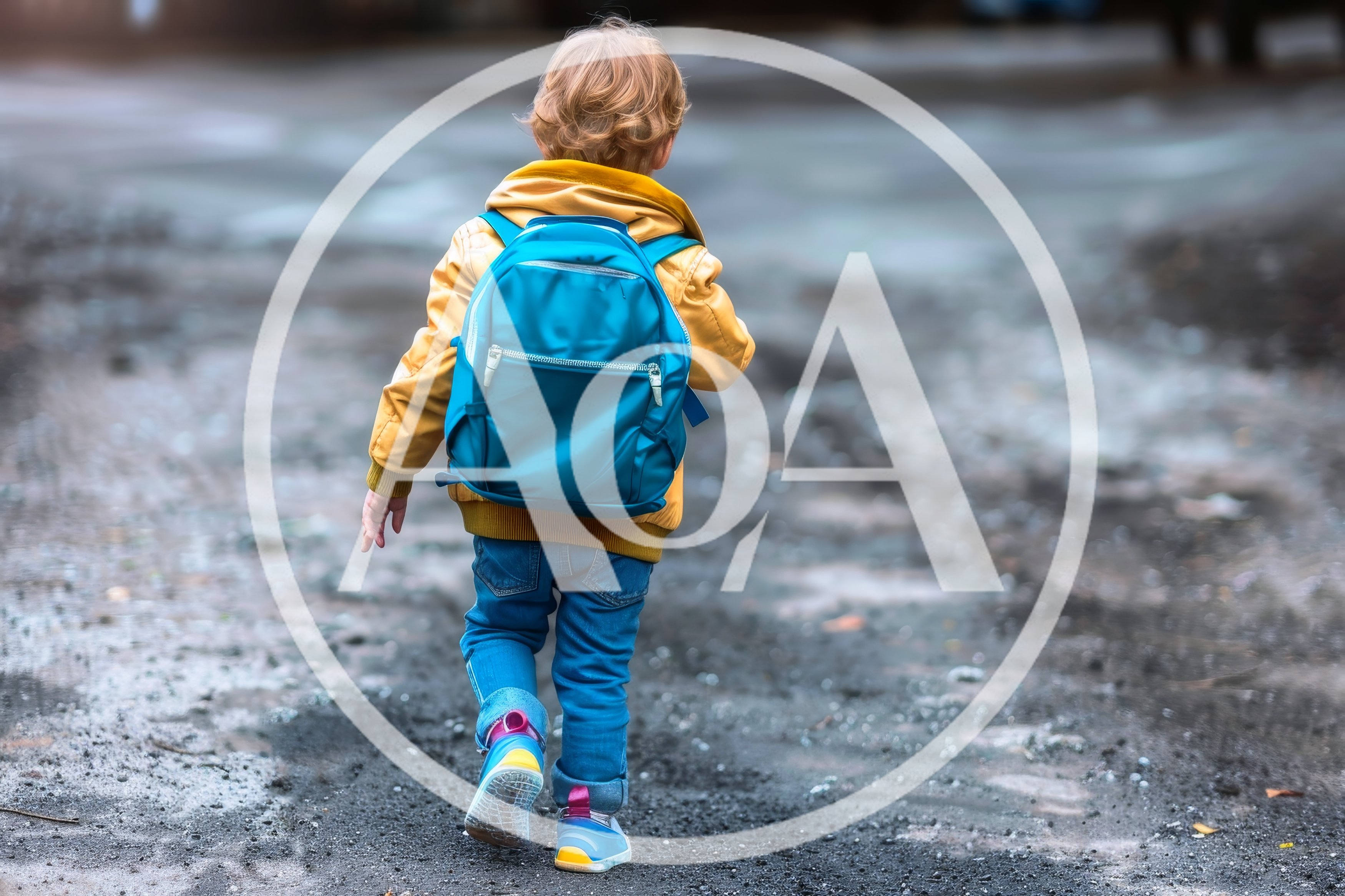 Young Child Walking Away With A Blue Backpack