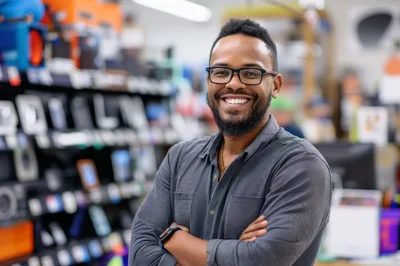 Smiling Man With Glasses Standing In Electronics Store