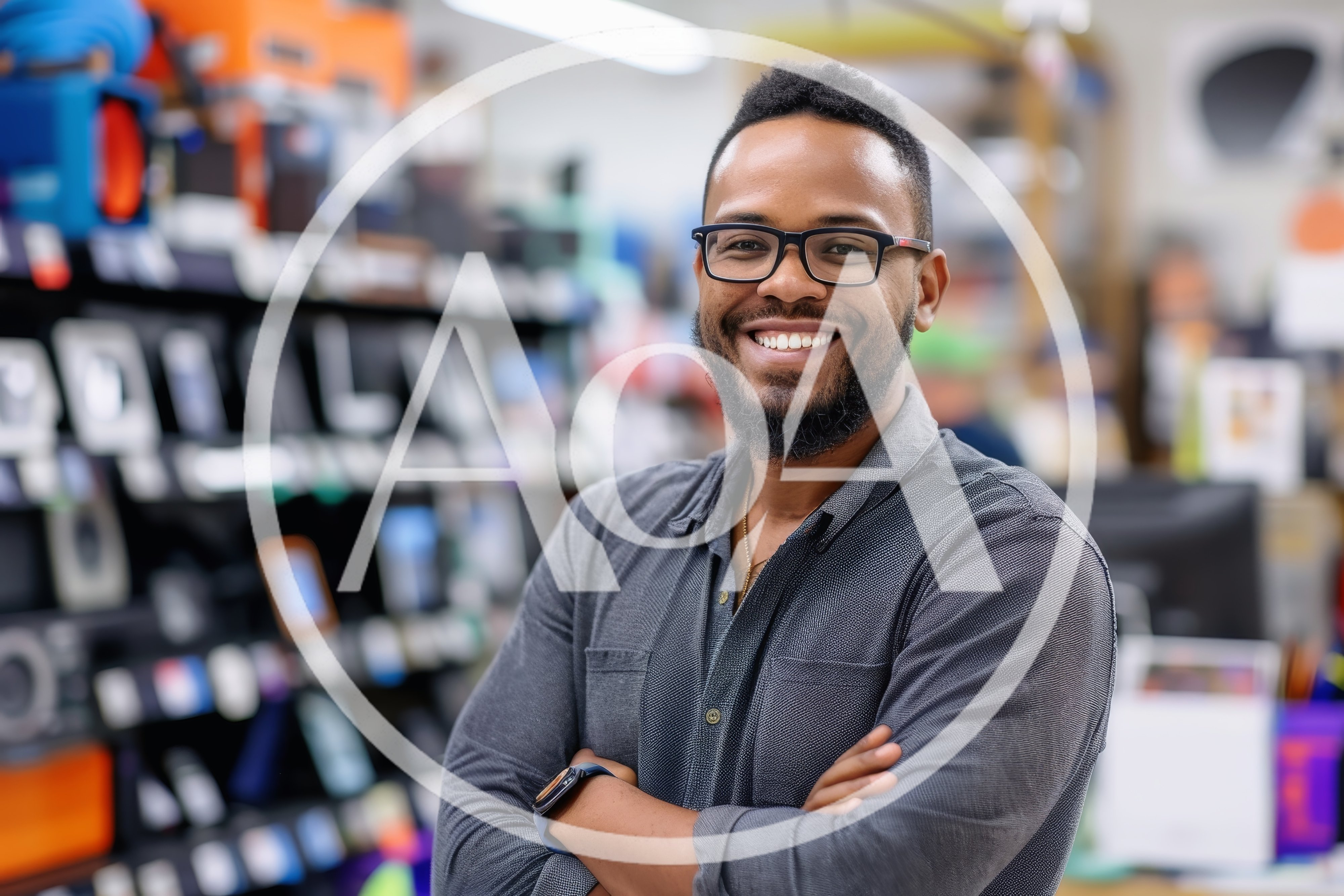 Smiling Man With Glasses Standing In Electronics Store
