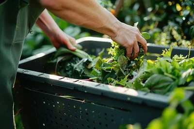 Farmer Harvesting Fresh Organic Greens Into Plastic Crate
